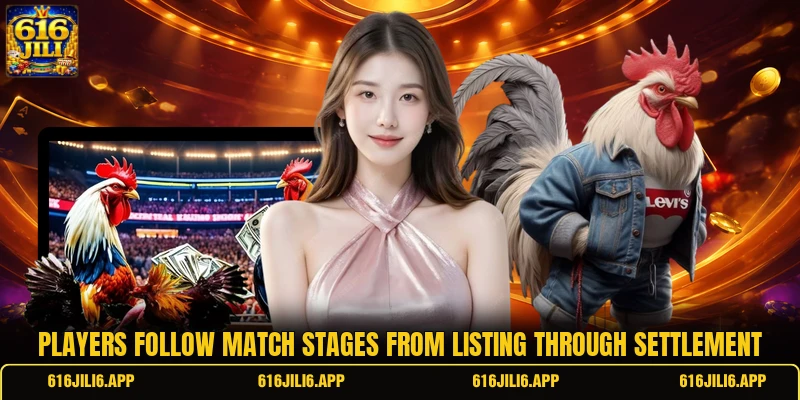 Players follow match stages from listing through settlement