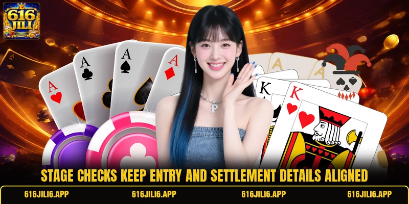Stage checks keep entry and settlement details aligned