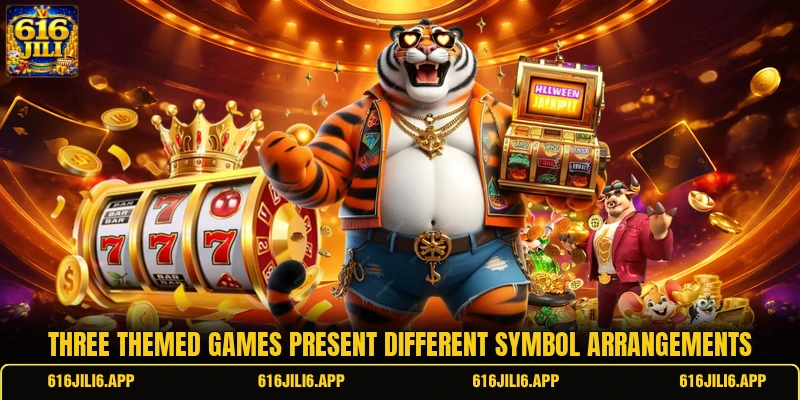 Three themed games present different symbol arrangements